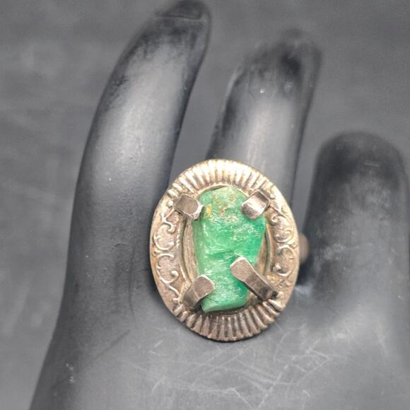 Vintage 900 Silver Raw Emerald Ring Size 8 - Picture 1 of 10